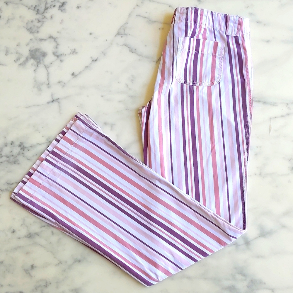 Vintage Express 100% Cotton Multi Color Stripe Flare Jean with leg side opening.